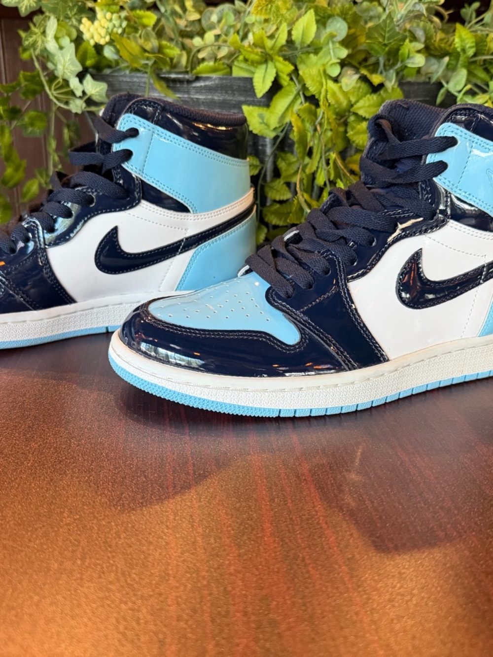 Nike Air High-Top Patent Leather Sneakers in Navy, White & Light Blue